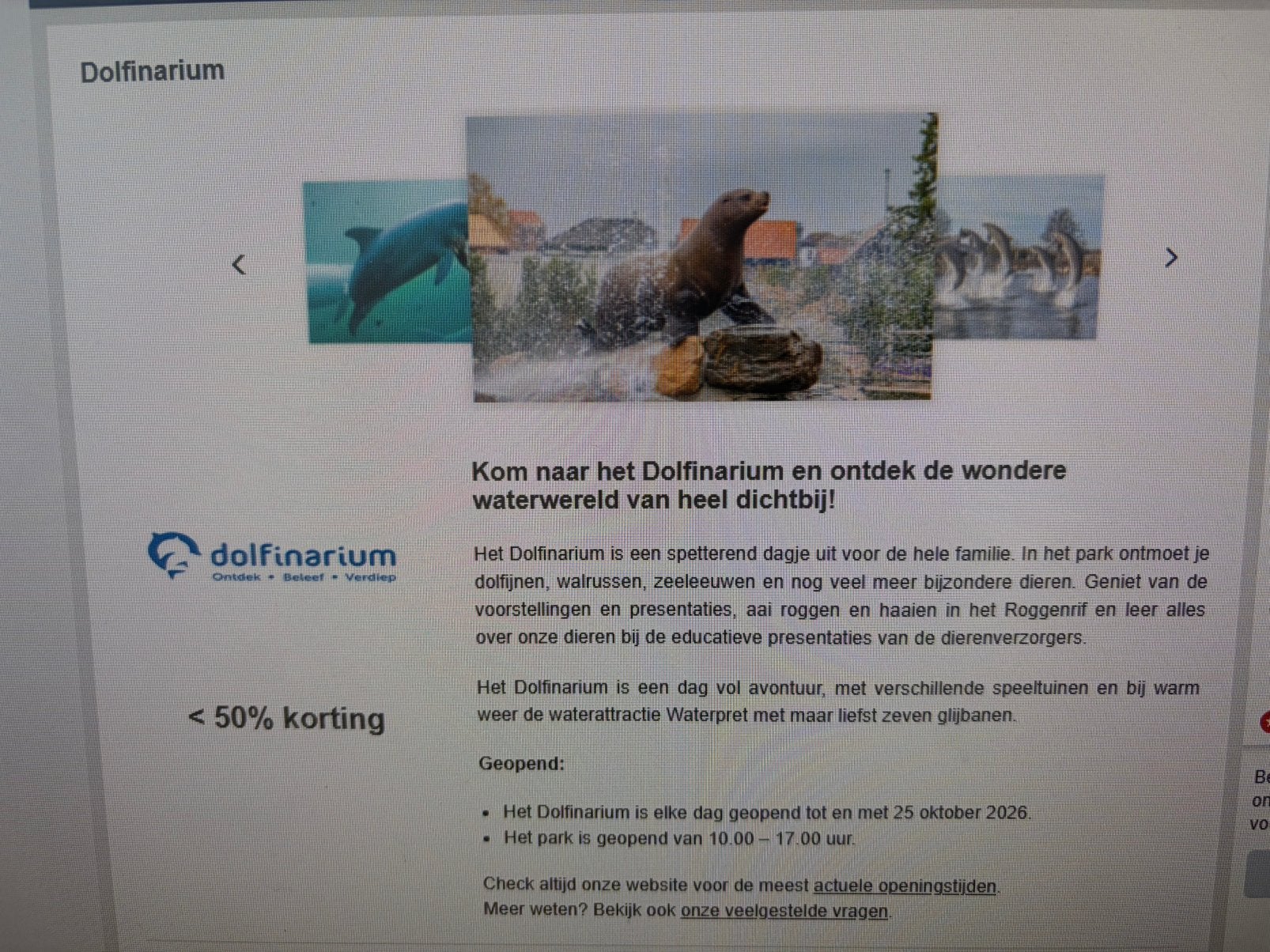 Dolfinarium 50% korting, Tickets en Kaartjes, Eén persoon, Kortingsbon