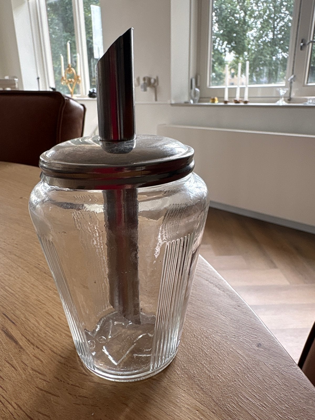 Vintage glazen suikerstrooier met RVS dop, Ophalen of Verzenden