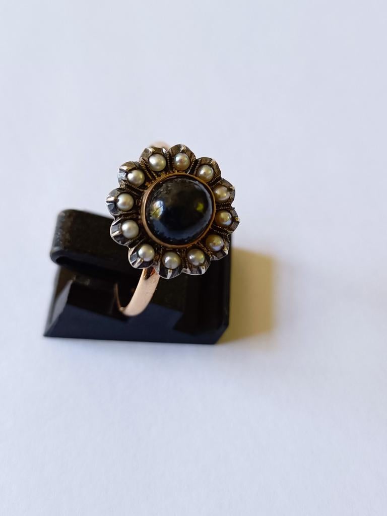 Antieke gouden ring Stersaffier en parels, 14 krt, Verzenden, Goud, Ring, Met edelsteen