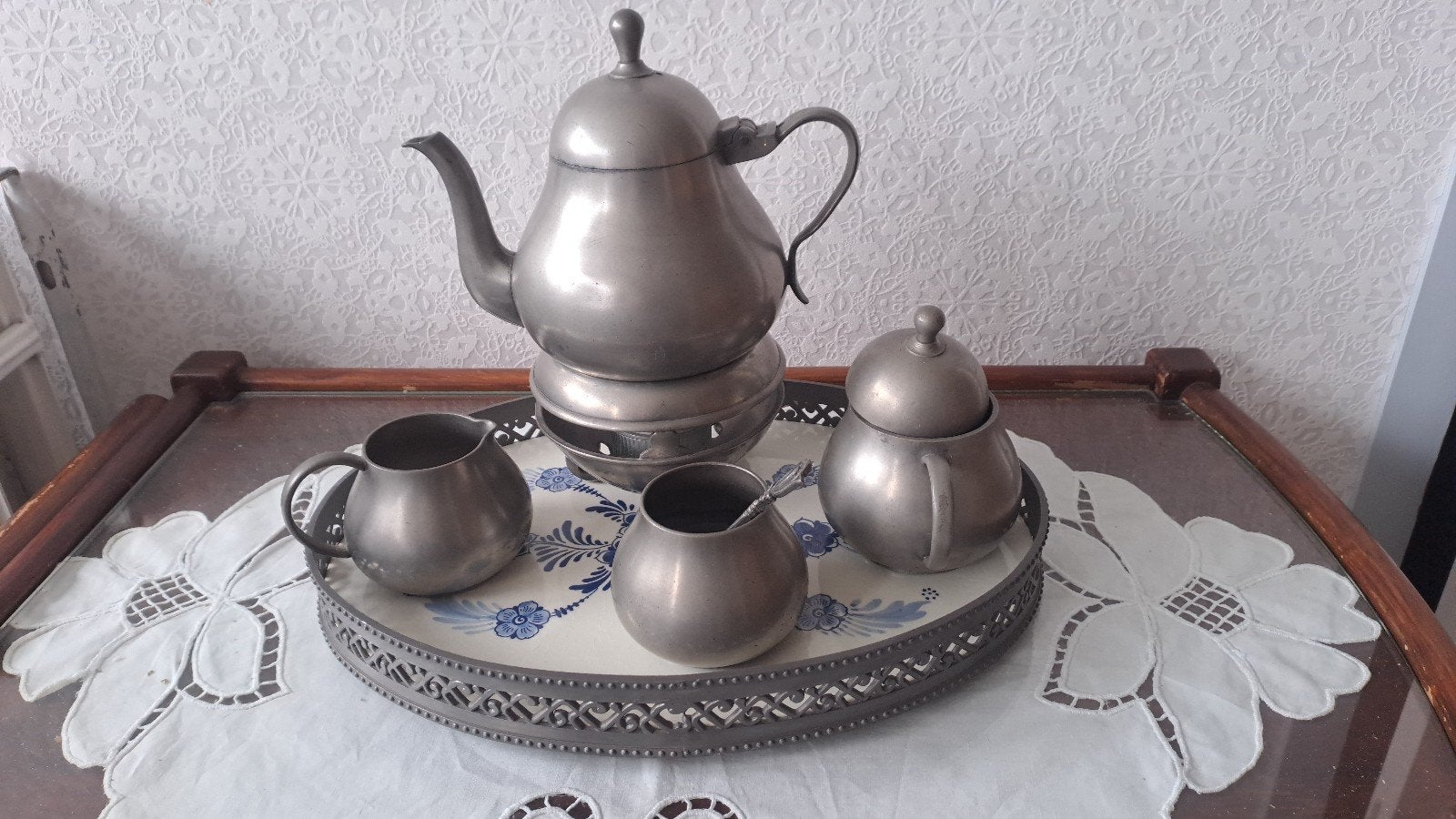 Oud-Hollandsch Tinnen Theeservies - Meeuws en Zoon, Antiek en Kunst, Ophalen of Verzenden