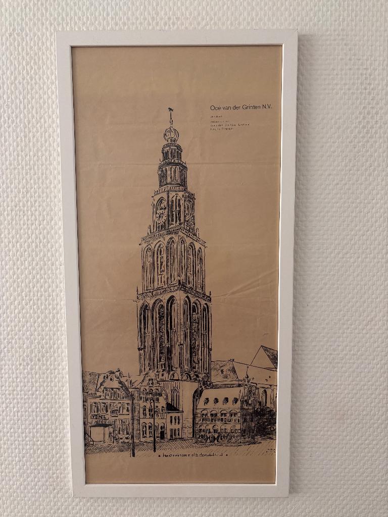 Vintage prent Martinitoren aan de Grote Markt te Groningen., 68 cm, 1950 - 1999, Stadsgezicht, Ophalen of Verzenden