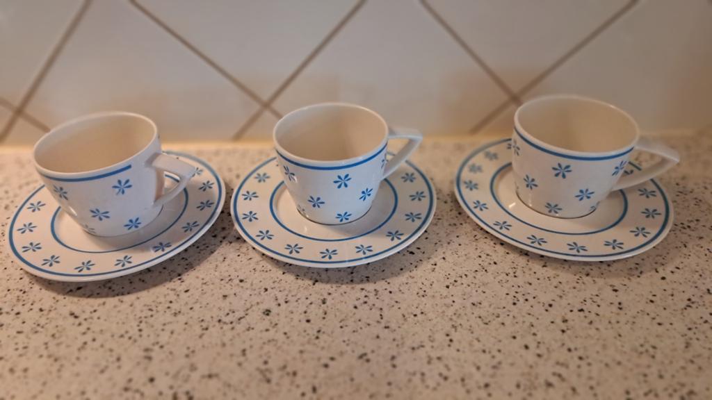 Mepal Rosti kop en schotels wit/blauw - 3 stuks, Ophalen of Verzenden, Gebruikt