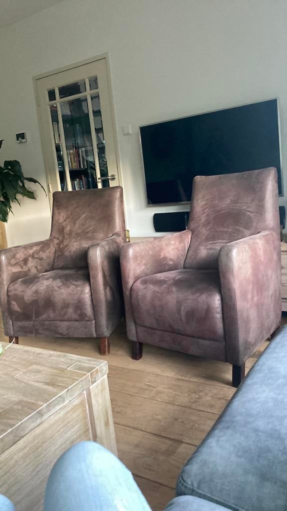2 fauteuils nubuck bruin, Ophalen, Gebruikt