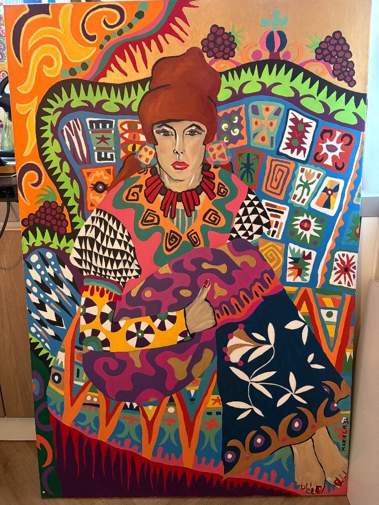Kleurrijk groot schilderij 150 x 75 cm, Ophalen, Op houten frame, Overige materialen, Figuren