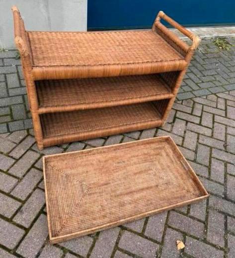Vintage rotan serveerwagen met afneembaar dienblad, Huis en Inrichting, Ophalen of Verzenden, Gebruikt