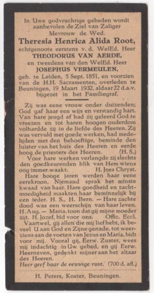 Theresia H.A. Root 1851 Leiden + 1932 Beuningen, 80 jaar oud, Verzenden