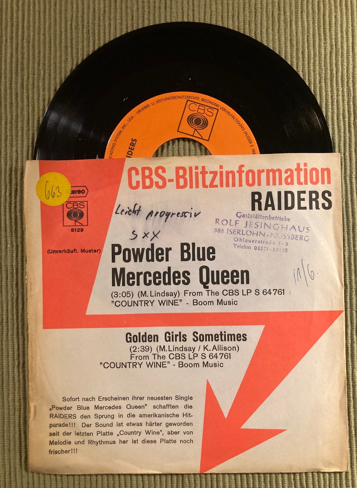 Vinyl single Raiders - Powder Blue Mercedes Queen, Cd's en Dvd's, Gebruikt, 7 inch, Ophalen of Verzenden, Rock en Metal