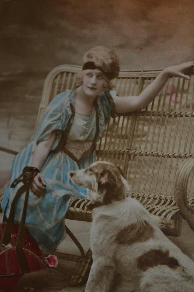 BELGIE 1920 VROUW OP BANKJE MET HOND SCHOTSE COLLIE, Ophalen of Verzenden, Voor 1920, Gelopen, Zuid-Holland