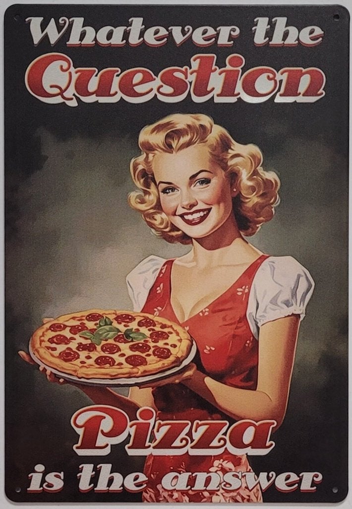 Whatever question Pizza answer reclamebord van metaal deco, Info@deconoord.nl, Deco Noord, Nieuw, Ophalen of Verzenden