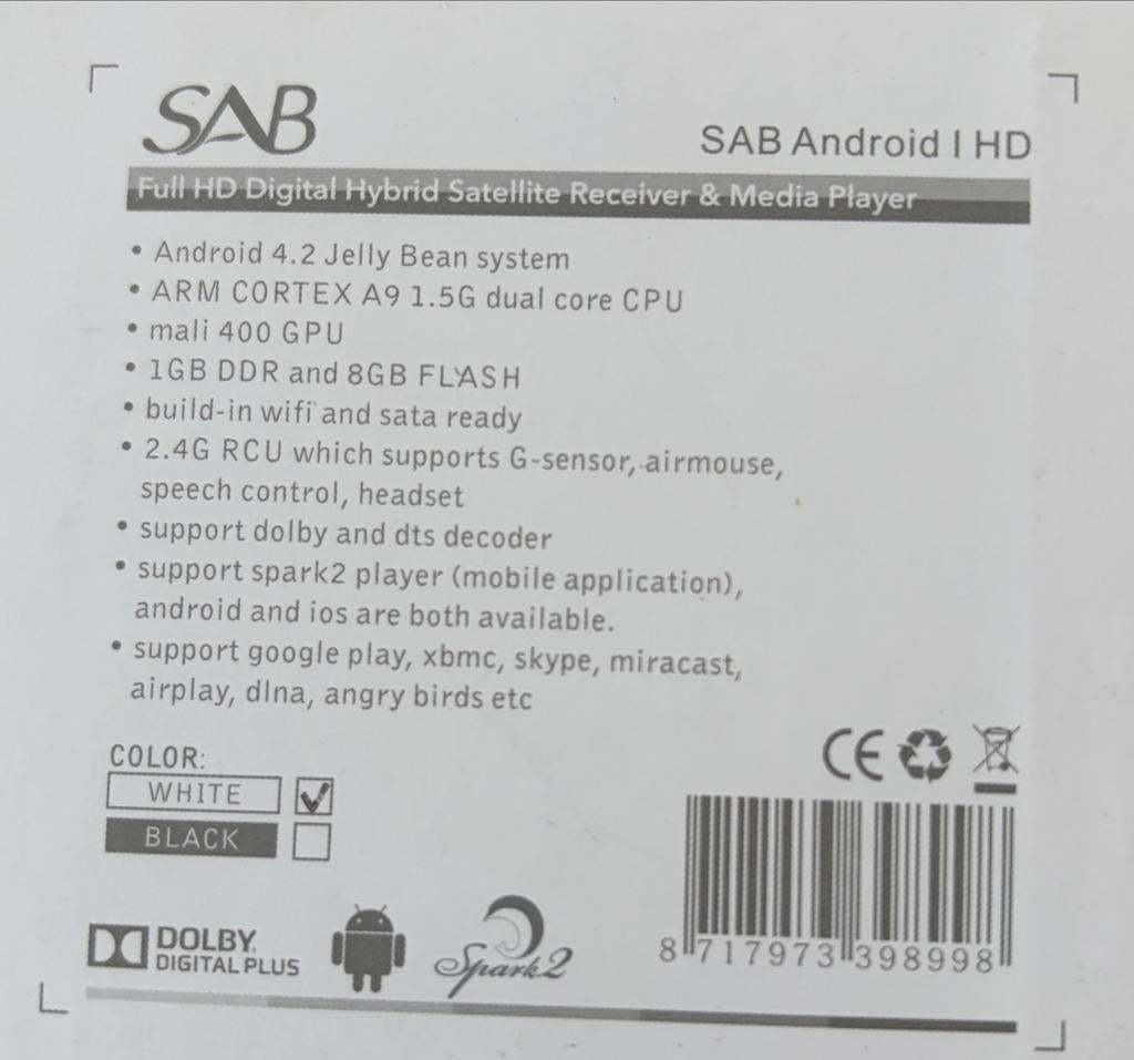 SAB Android I HD Digitale Satelliet Ontvanger & Mediaspeler, Ophalen, Zo goed als nieuw