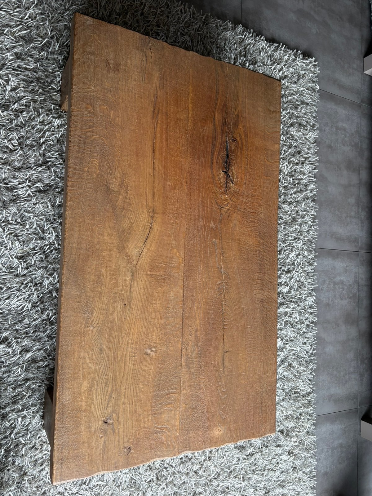 Massief eiken salontafel – robuuste landelijke uitstraling, Ophalen, 100 tot 150 cm, 50 tot 100 cm, Zo goed als nieuw