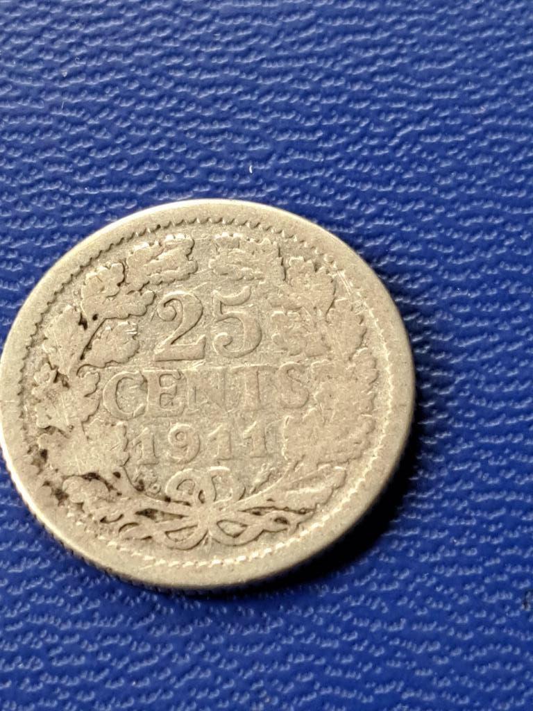 1911 kwartje in zilver Wilhelmina, Postzegels en Munten, Munten | Nederland, Verzenden, Zilver, 25 cent, Koningin Wilhelmina