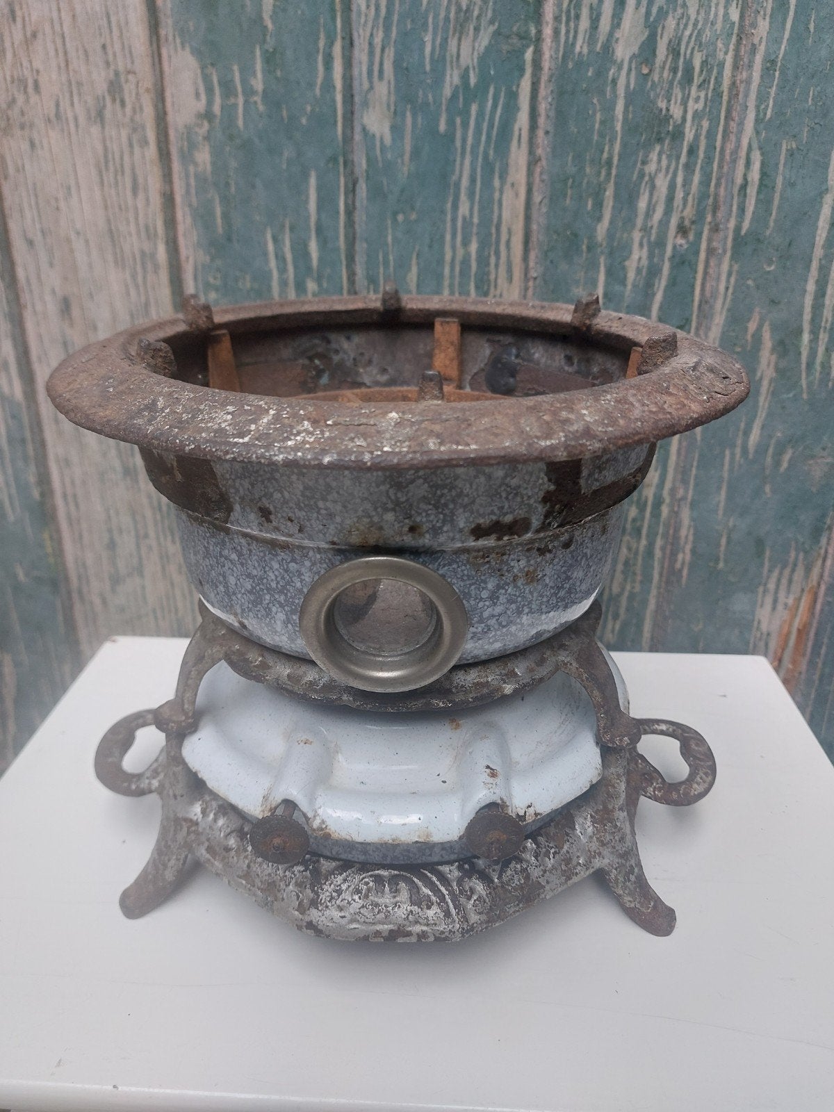 Antiek emaille gietijzeren petroleum stel, Ophalen of Verzenden