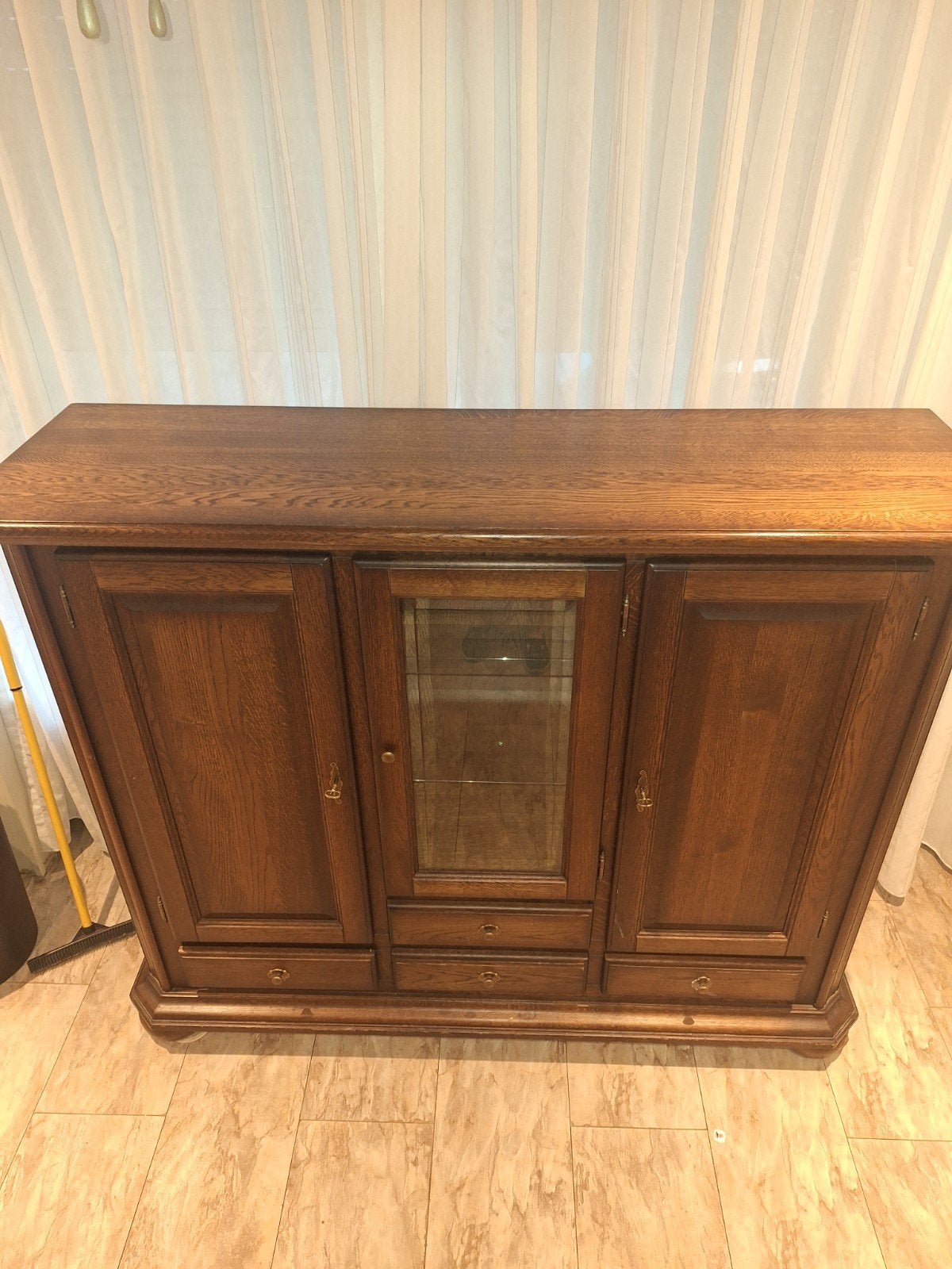 Massief Eiken Dressoir met Vitrine en Lades, Huis en Inrichting, Kasten | Dressoirs, Ophalen, Glas, Gebruikt, Met deur(en)