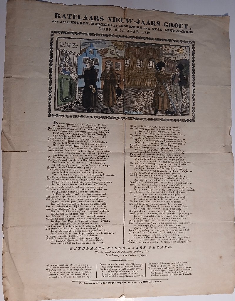 RATELAARS NIEUW-JAARS GROET HEEREN BURGERS  LEEUWARDEN 1842, Gesigneerd, 33 cm, 1800 - 1899, Ophalen of Verzenden