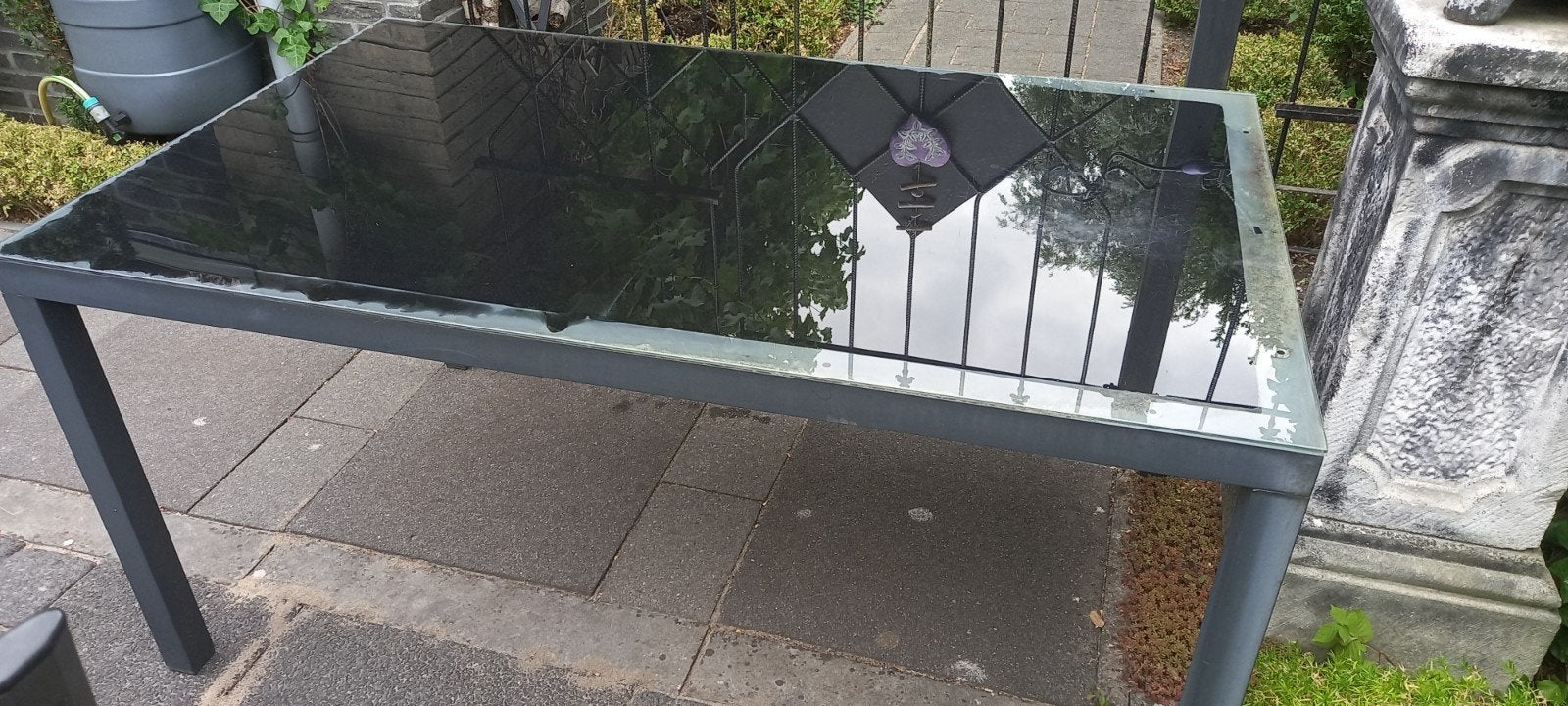 Aluminium antraciet  tuintafel met zwarte glasplaat, Ophalen, Gebruikt, Rechthoekig, Aluminium
