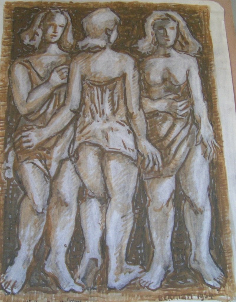 Hubert Bekman "drie vrouwen" sculptuur studie1964 sepiakrijt, Antiek en Kunst, Kunst | Tekeningen en Foto's, Verzenden, Tekening