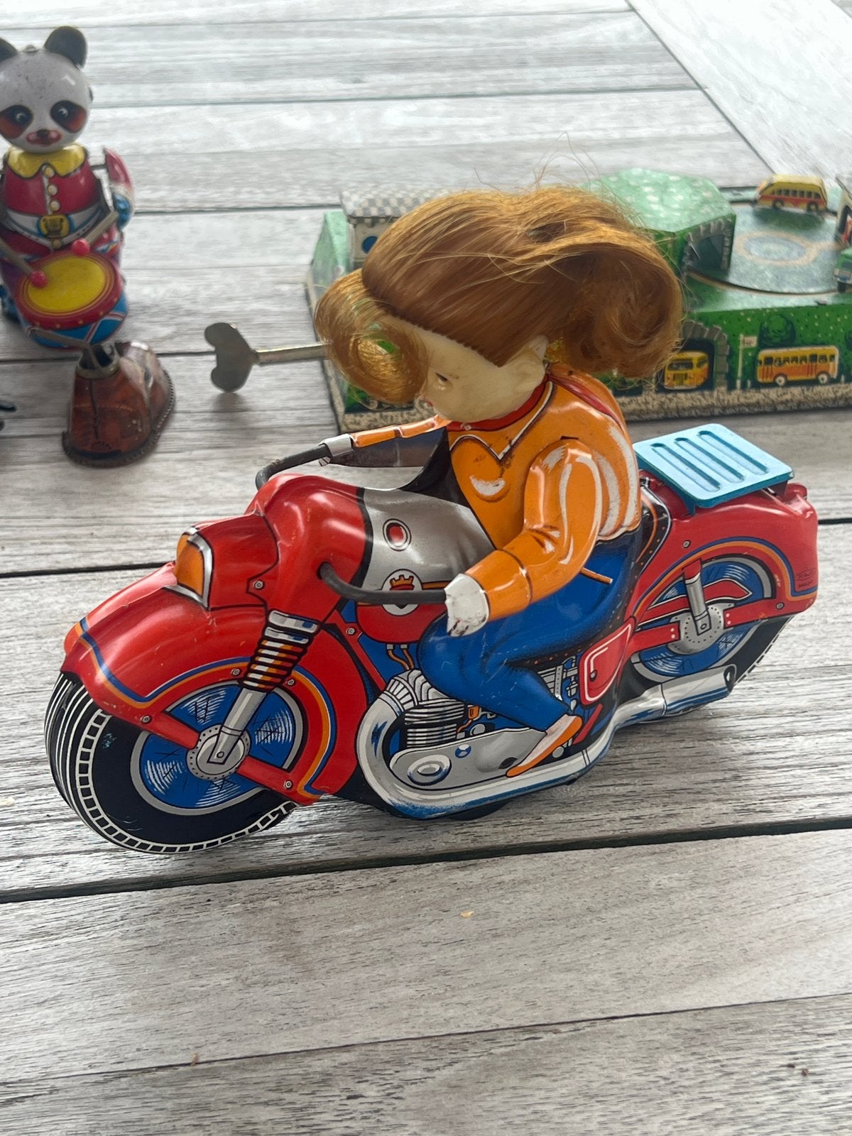 Antieke blikken motorfiets met pop, Haji, Made in Japan, Ophalen of Verzenden