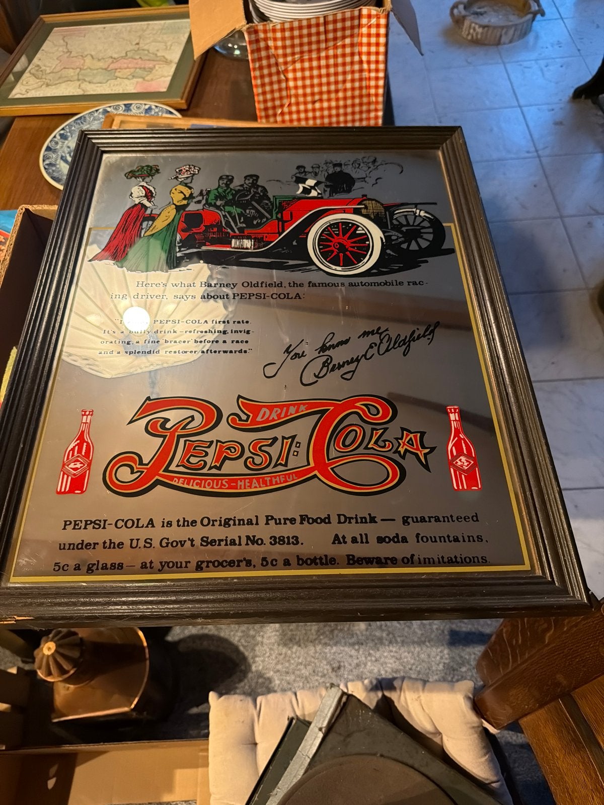 Vintage Pepsi-Cola spiegel met Barney Oldfield reclame, Verzamelen, Ophalen, Gebruikt, Reclamebord
