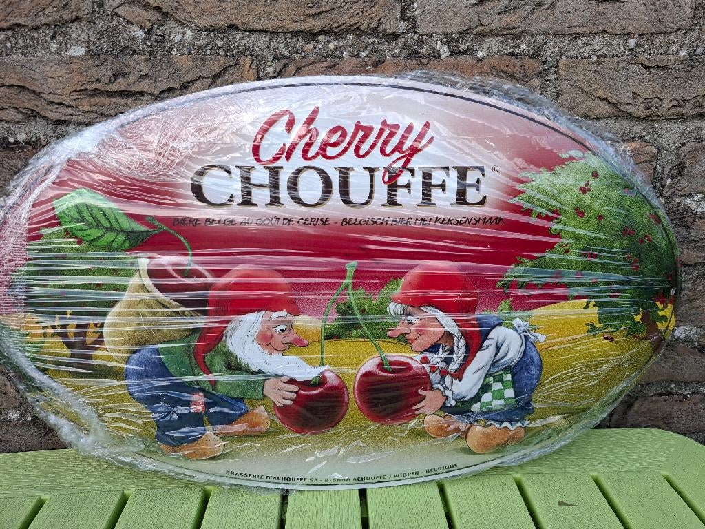 reclamebord Cherry Chouffe, Verzamelen, Biermerken, Ophalen of Verzenden, Nieuw, Reclamebord, Plaat of Schild, Overige merken