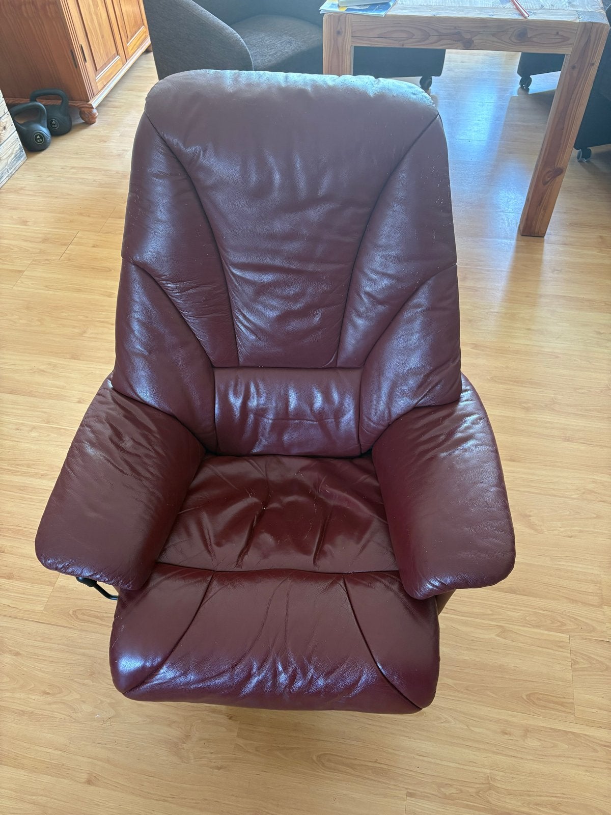 Comfortabele bordeauxrode leren relaxfauteuil, Ophalen, Gebruikt, Overige kleuren, Leer