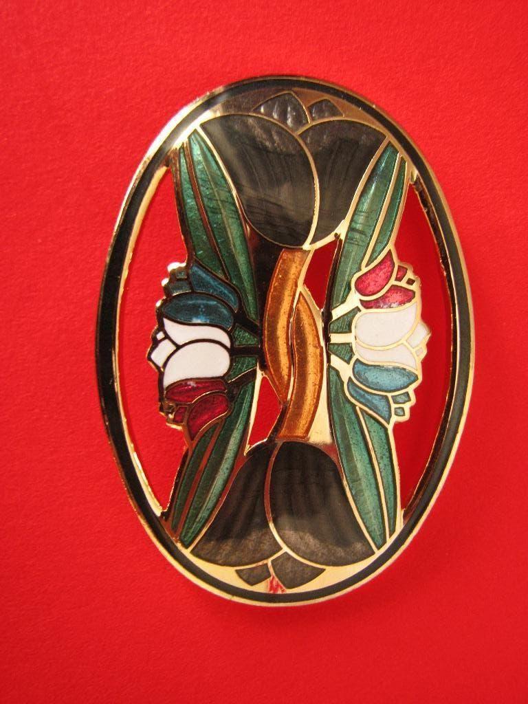 Mooie Ovale Cloissonnee Broche met Tulpen, Verzenden, Overige materialen, Broche