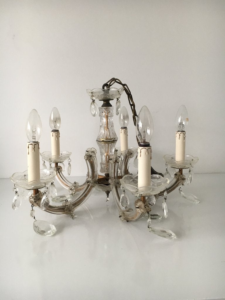 Kroonluchter geslepen glas 5 armen, Antiek en Kunst, Ophalen of Verzenden