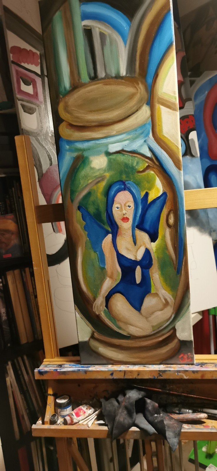 Olieverf Schilderij: Elfje in een Fles, 30 x 90 cm, Antiek en Kunst, Kunst | Schilderijen | Klassiek, Ophalen of Verzenden