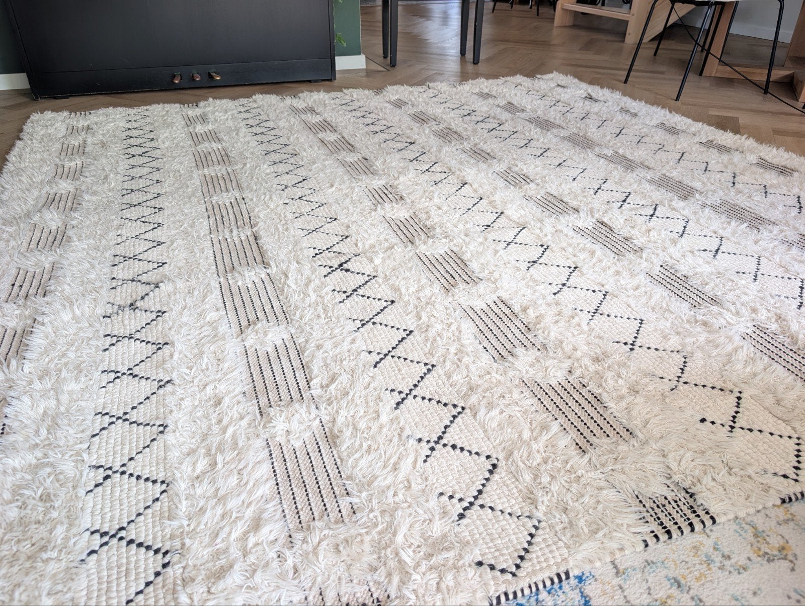 Vierkant vloerkleed 255x255 cm - Wit/crème met zwart patroon, Ophalen, Gebruikt, Modern, Bohemian, Vierkant