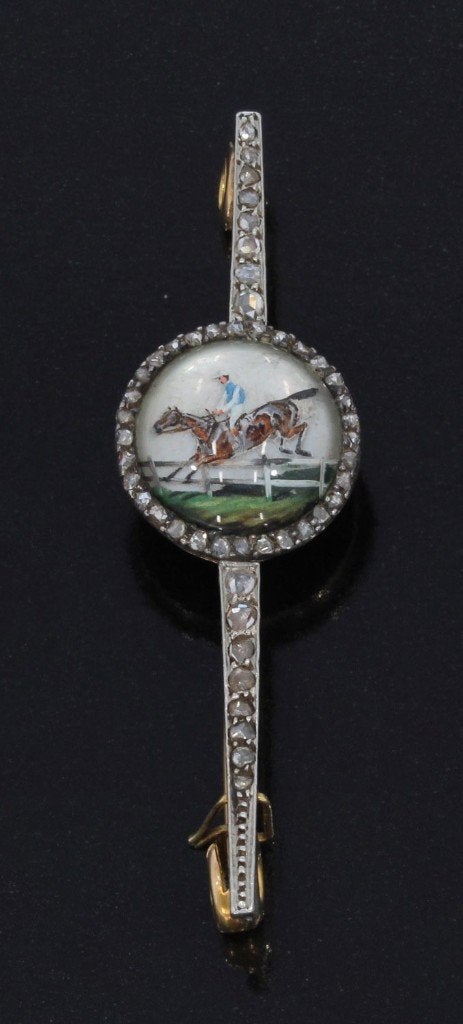 Jockey te paard intaglio diamanten 18k broche goud platina, Ophalen of Verzenden, Goud, Broche, Met edelsteen