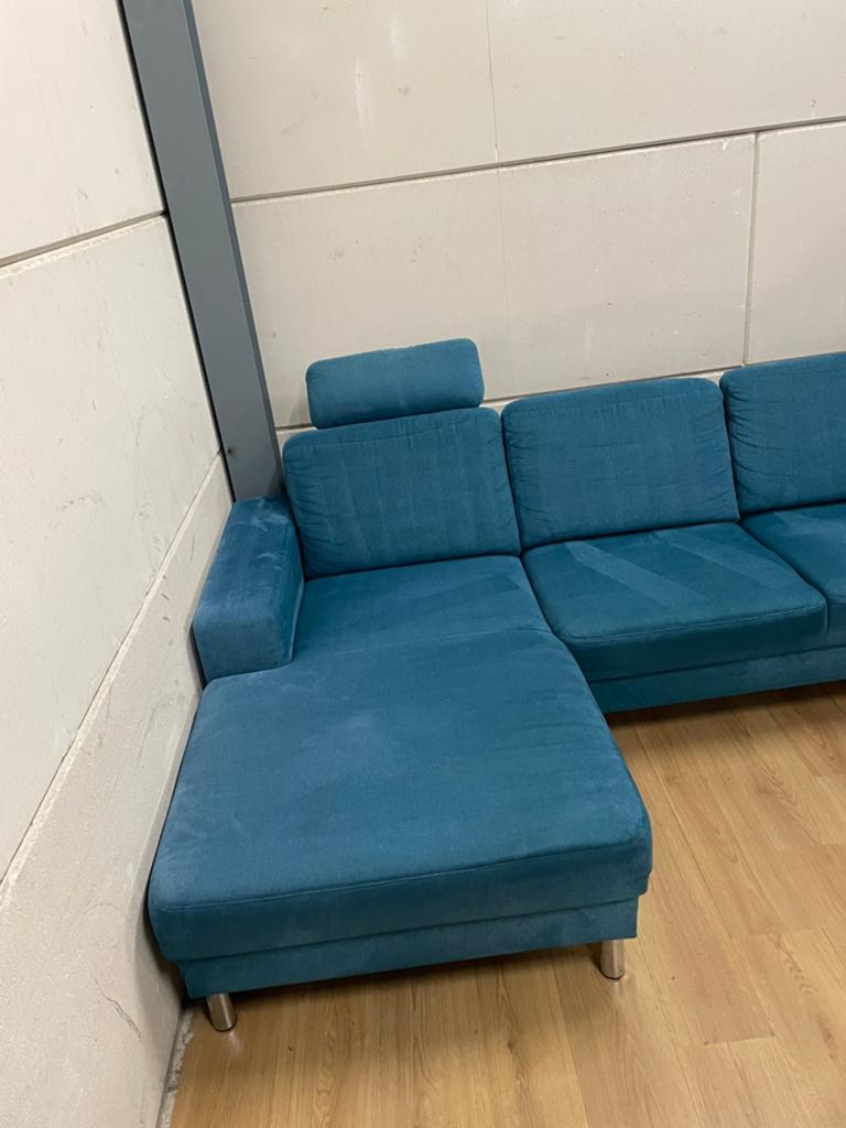 Mooie luxe suede blauwe MONTEL u bank - GEREINIGD!!!, Ophalen, Luxe, Hoekbank, 300 cm of meer