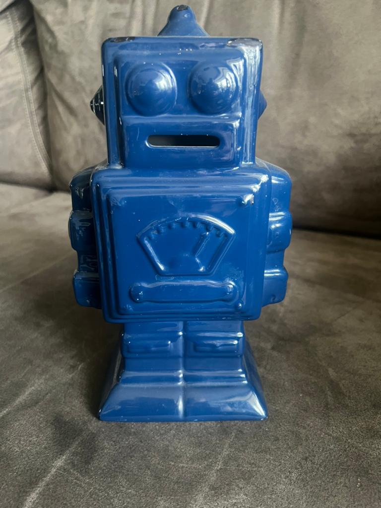 Vintage Blauwe Robot Spaarpot Keramiek., Verzamelen, Spaarpotten, Ophalen of Verzenden, Zo goed als nieuw, Steen, Aardewerk of Keramiek