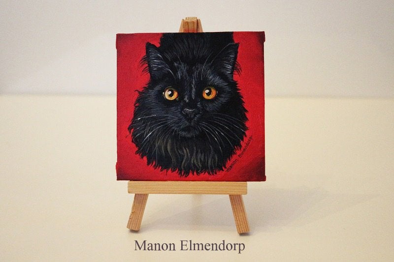 incl Ezeltje: Uniek Handgeschilderd Schilderijtje Zwarte Kat, Acrylverf, Ophalen of Verzenden, Dieren, Overige materialen