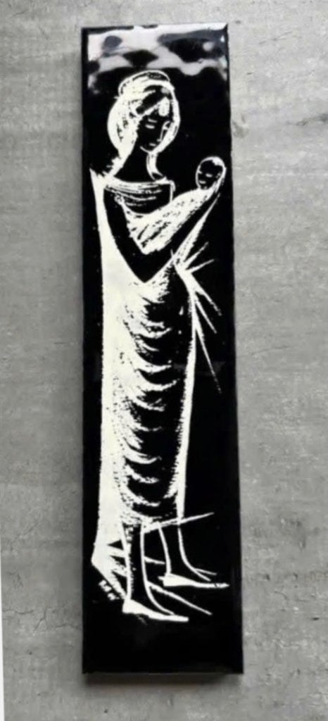 Antiek porseleinen plaat met Maria en kind 20 x 4,8 cm, Antiek en Kunst, Ophalen of Verzenden