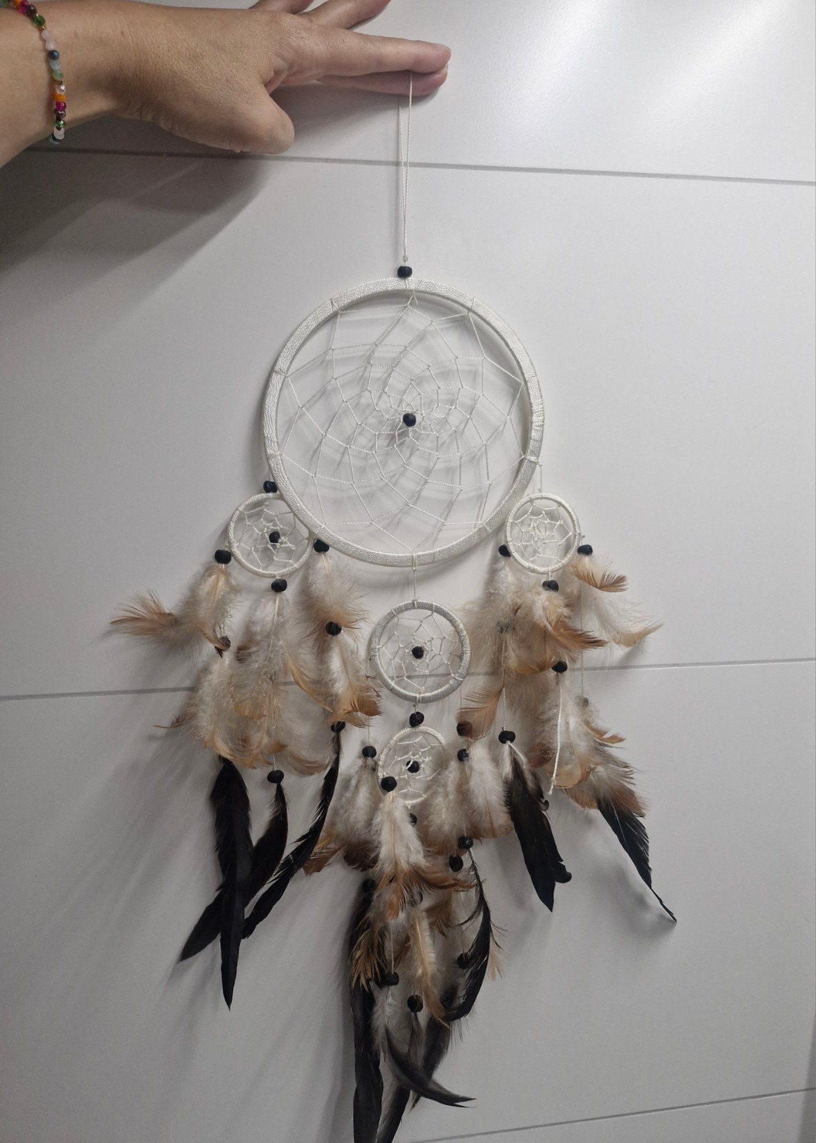 Witte Dromenvanger met Bruine en Zwarte Veren, Boho, Ophalen of Verzenden, Zo goed als nieuw, Wit