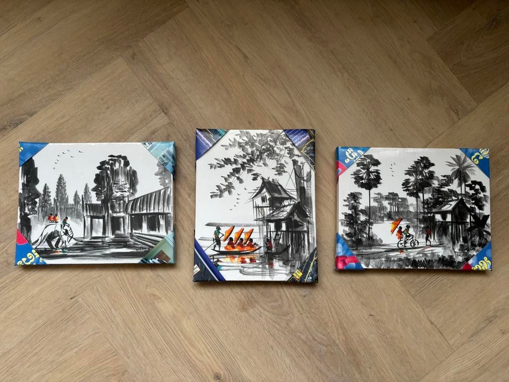 3x schilderijtjes Angkor Wat, Ophalen of Verzenden, Zo goed als nieuw, Minder dan 50 cm, Schilderij