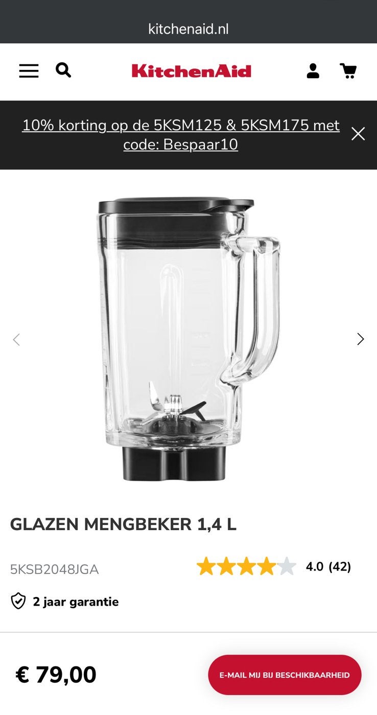 KitchenAid Glazen mengbeker 5KSB2048JGA (K400, K150 en K130), Ophalen of Verzenden, Nieuw, Blender-accessoire