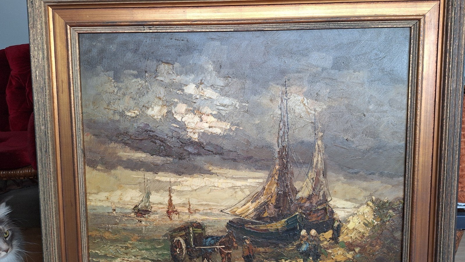 Olieverfschilderij: Vissersboten aan de kust, Ophalen, Maritiem / water, Doek, Impressionistisch