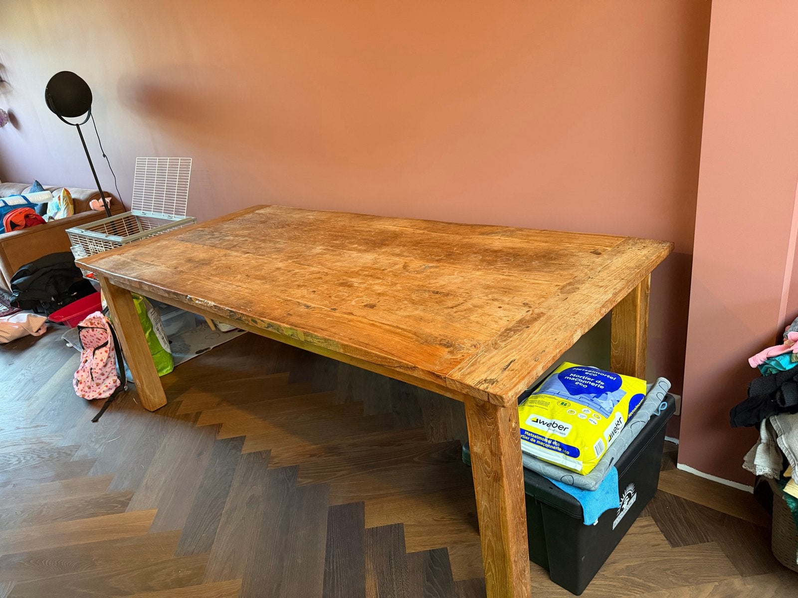 Robuuste houten eettafel (teak) 220x100x80, Ophalen, Gebruikt, Teakhout, 200 cm of meer