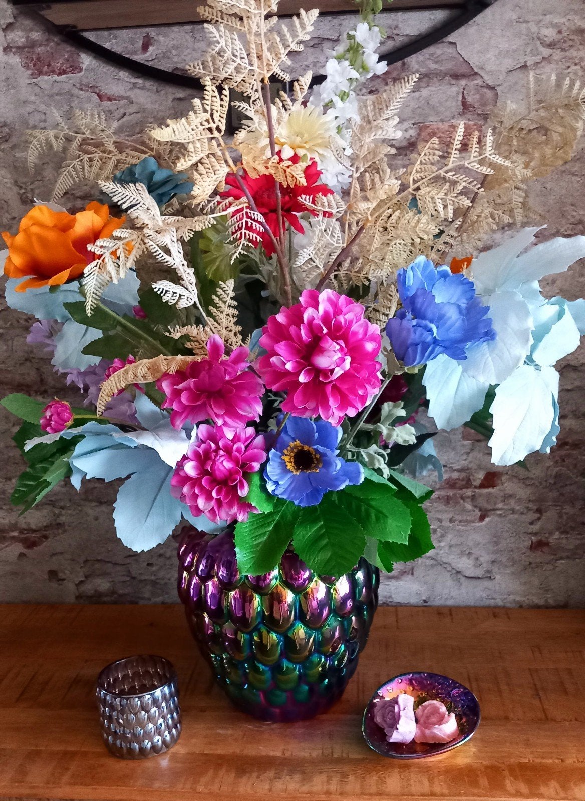 schitterende pot met zijden bloemen bieden mag ook, Huis en Inrichting, Overige materialen, Meerkleurig, Handgemaakt, Nieuw