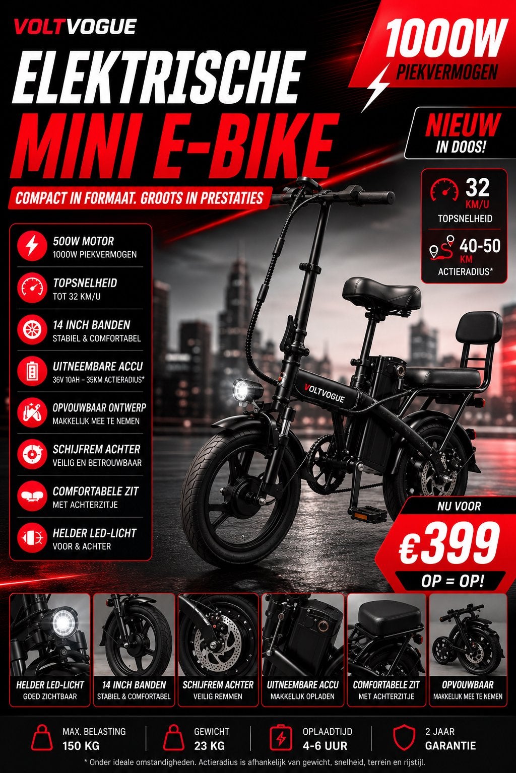 Krachtige Elektrische E-bike 1000W Piek – 32 km/u – Nieuw, Fietsen en Brommers, Fietsen | Vouwfietsen, 14 tot 16 inch, Nieuw, Ophalen of Verzenden