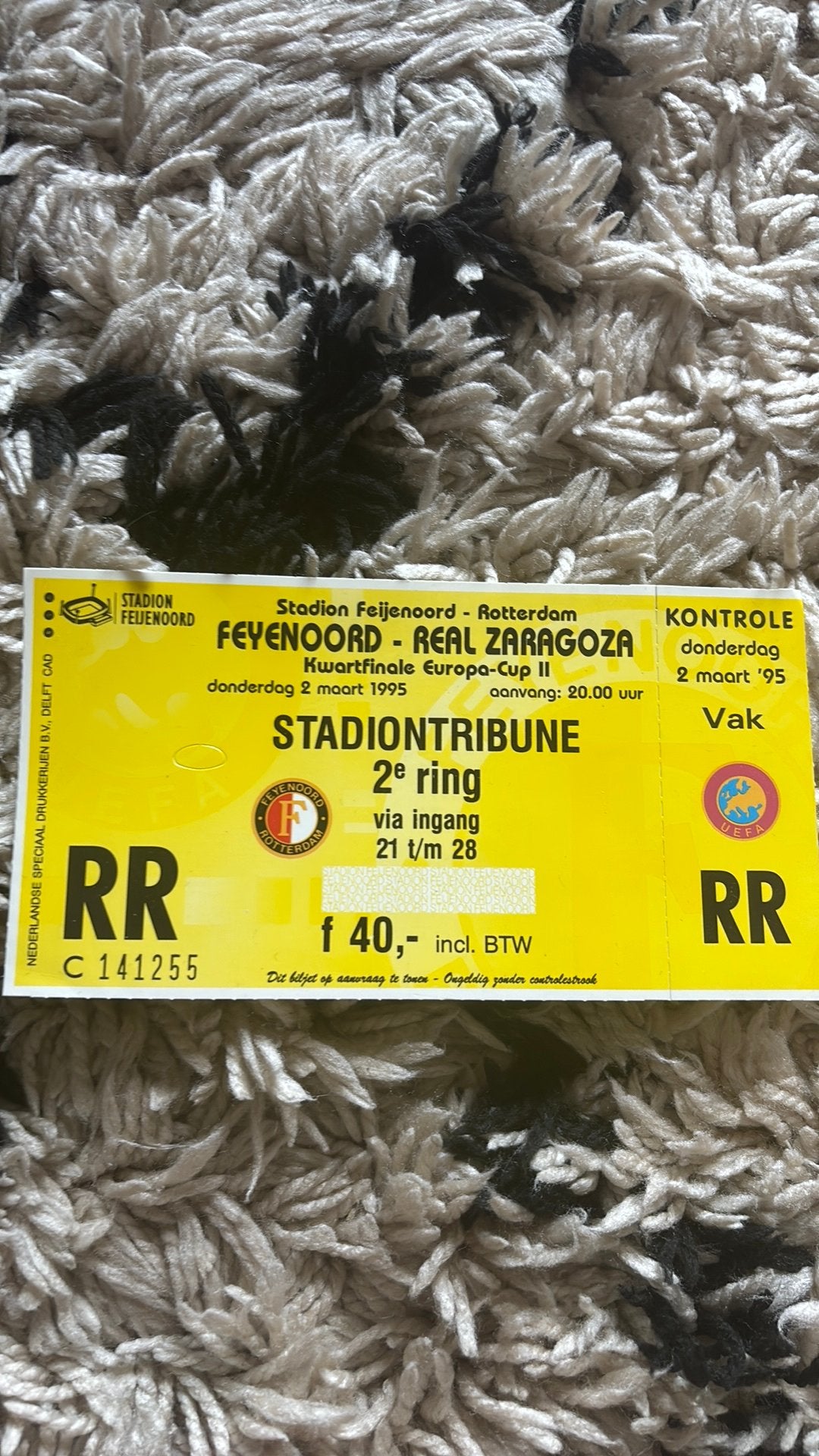Oud stadionticket feyenoord real zaragoza 1995, Ophalen of Verzenden, Feyenoord