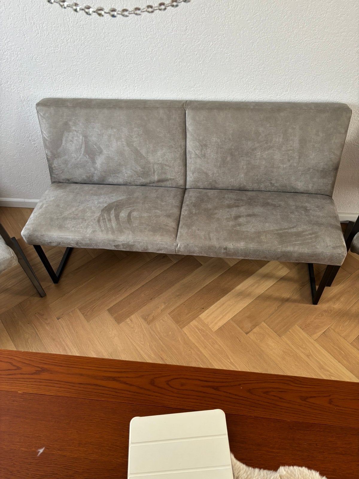 Eetkamerbank met 4 stoelen, Huis en Inrichting, Ophalen, Zo goed als nieuw, Grijs, Eén