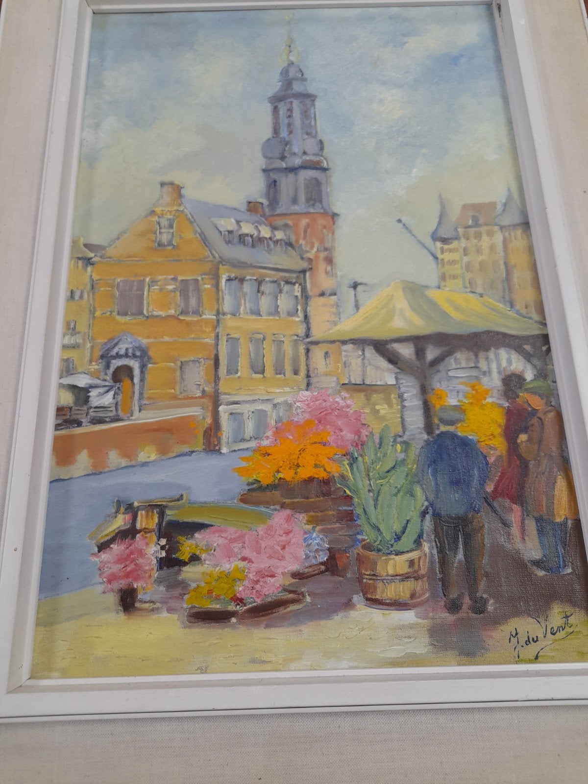 olieverf schilderij op doek gesigneerd J. du vent, Ophalen, Stads- / dorpsgezicht