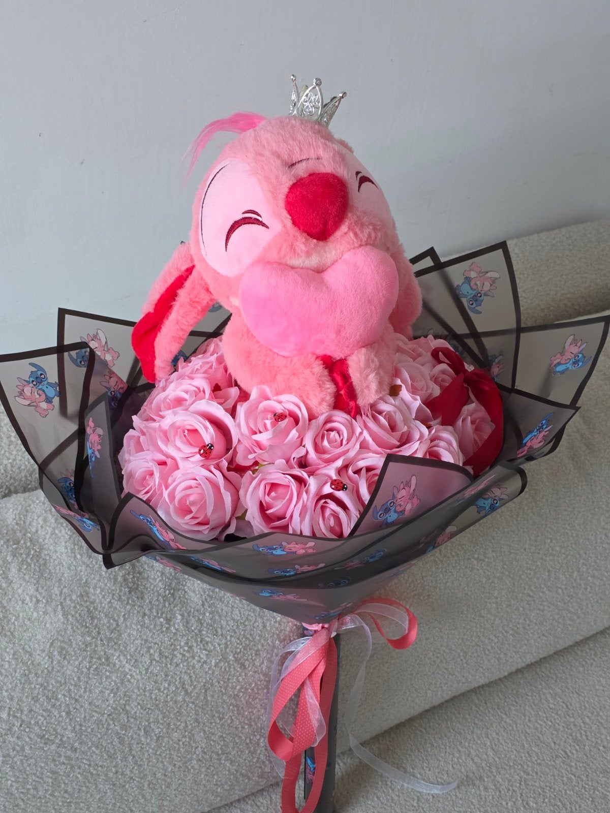 Stitch boeket met roze rozen en  Stitch knuffel, Disney, Disney, Overige typen, Nieuw