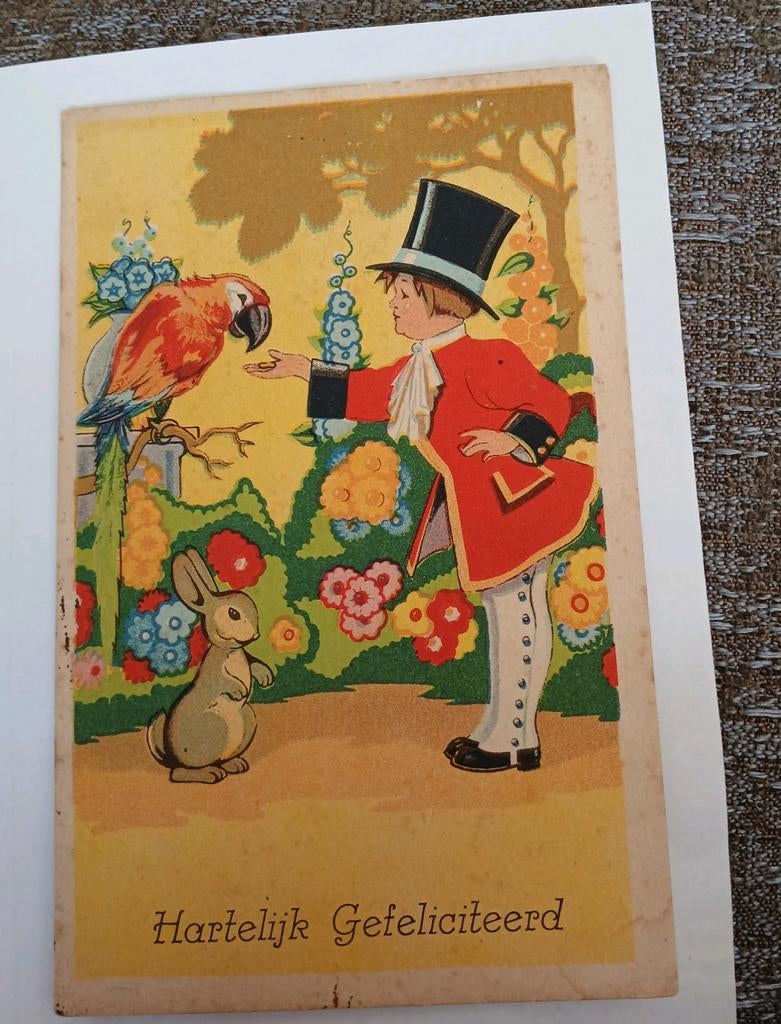 Van Harte Gefeliciteerd. Papegaai en konijn Uit 1919, Ophalen of Verzenden, Voor 1920, Feest(dag)
