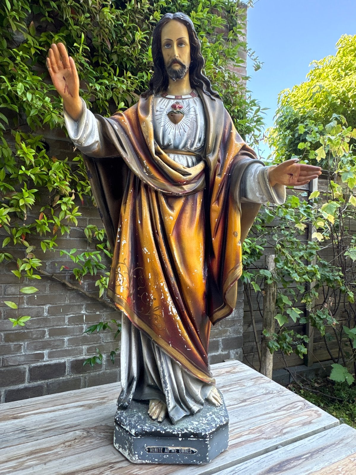 Antiek Heilig Hart Jezus beeld (86cm) - "Venite Ad Me Omnes", Ophalen