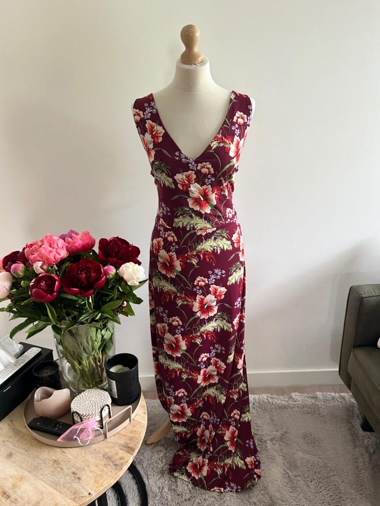 King Louie maat XL wijnrode bloemen maxi jurk 3321, Maat 46/48 (XL) of groter, Ophalen of Verzenden, Zo goed als nieuw, King Louie