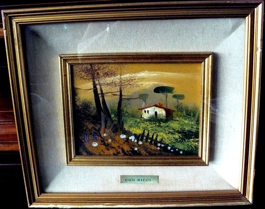 Schilderijtjes 2 stuks van Ugo Ricci ( Handgeschilderd ), Gesigneerd, Overige ondergronden, Ophalen of Verzenden, Landschap