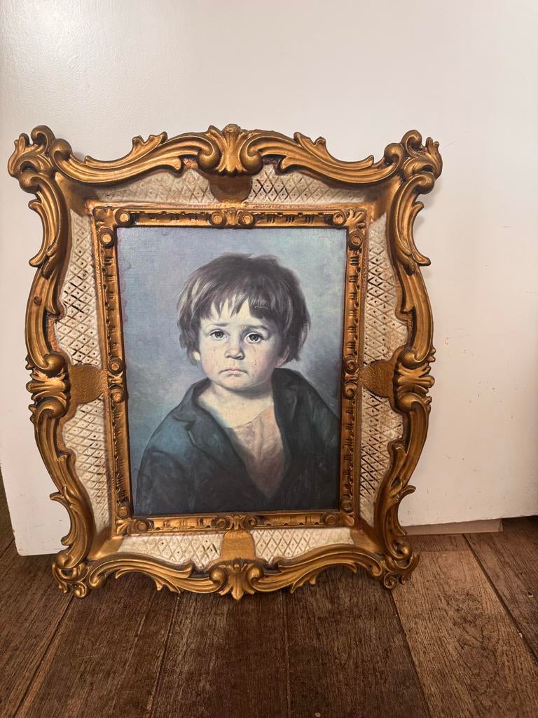 Vintage Retro Huilende Jongen Schilderij met Barok Lijst, Ophalen of Verzenden, Minder dan 50 cm, Schilderij